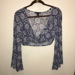 White and Navy Flower Print Crop Top